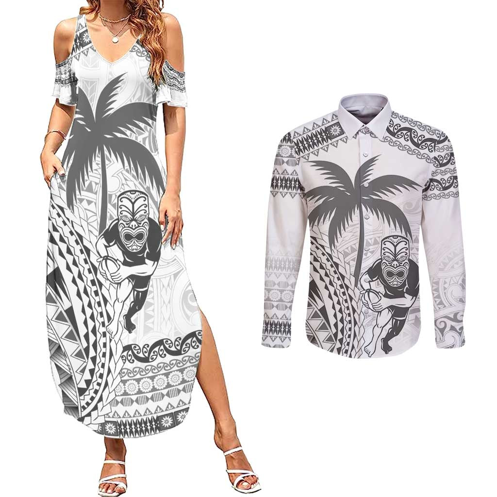 Custom Fiji Black Fern Couples Matching Summer Maxi Dress and Long Sleeve Button Shirt Maori Warroir with Fijian Masi Pattern