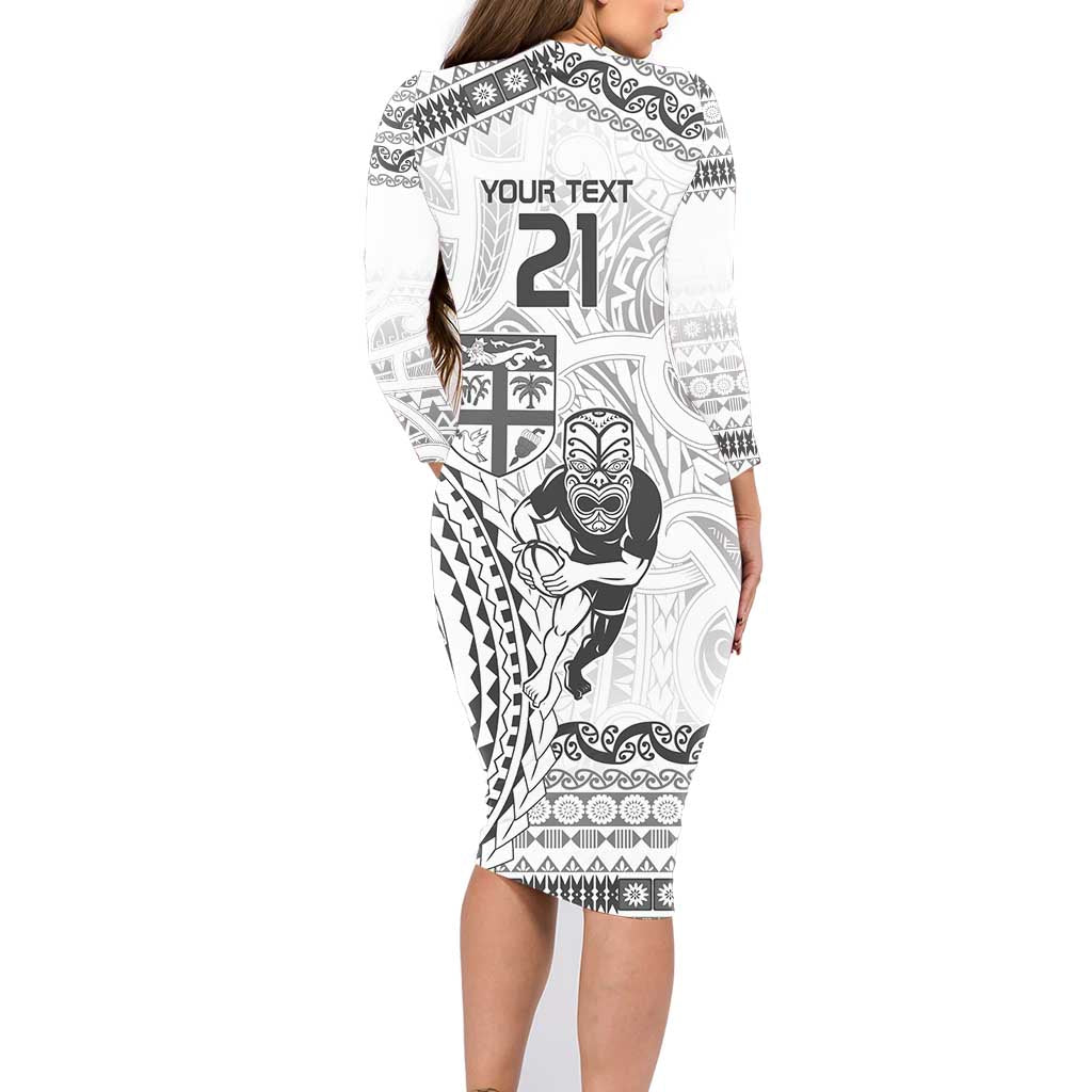 Custom Fiji Black Fern Family Matching Long Sleeve Bodycon Dress and Hawaiian Shirt Maori Warroir with Fijian Masi Pattern