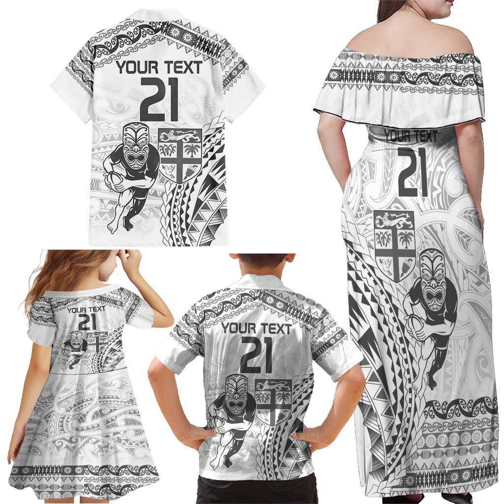 Custom Fiji Black Fern Family Matching Off Shoulder Maxi Dress and Hawaiian Shirt Maori Warroir with Fijian Masi Pattern