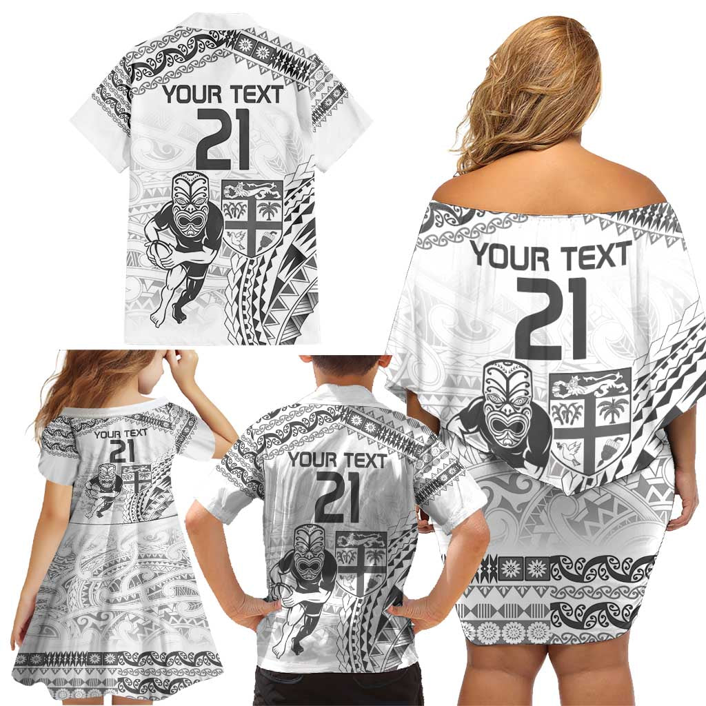 Custom Fiji Black Fern Family Matching Off Shoulder Short Dress and Hawaiian Shirt Maori Warroir with Fijian Masi Pattern