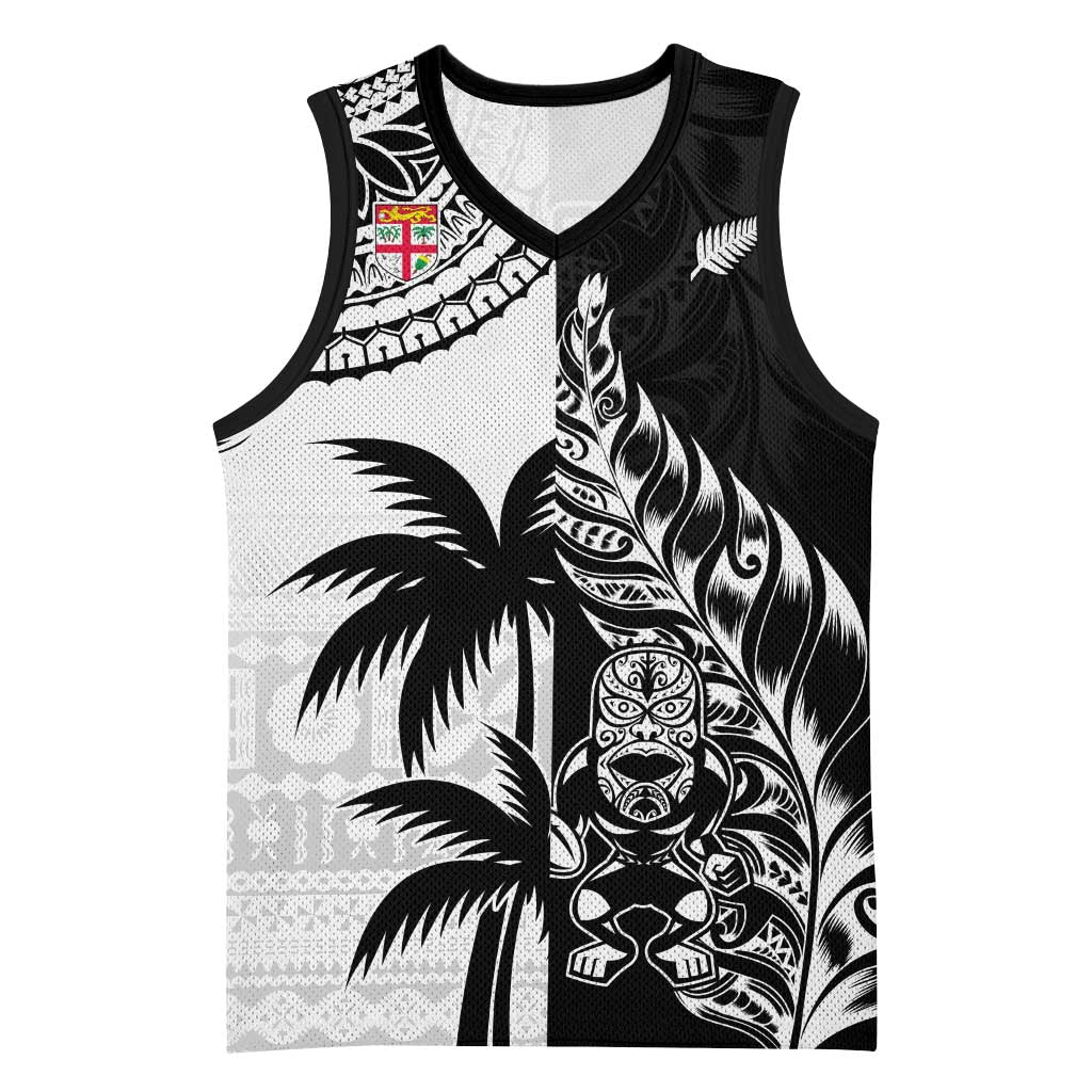 Fiji New Zealand Rugby Personalised Basketball Jersey Maori and Tapa Pattern - Polynesian Pride