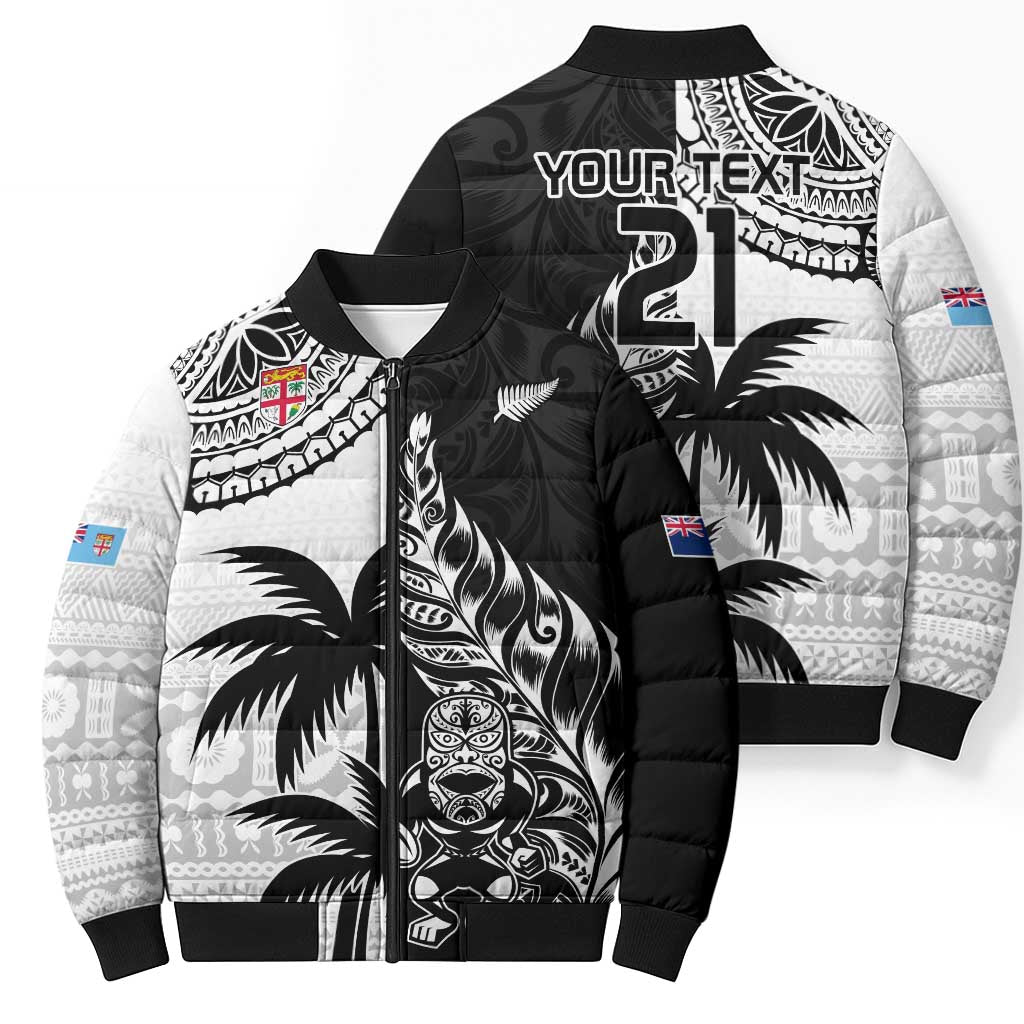 Fiji New Zealand Rugby Personalised Bomber Puffer Jacket Maori and Tapa Pattern - Polynesian Pride