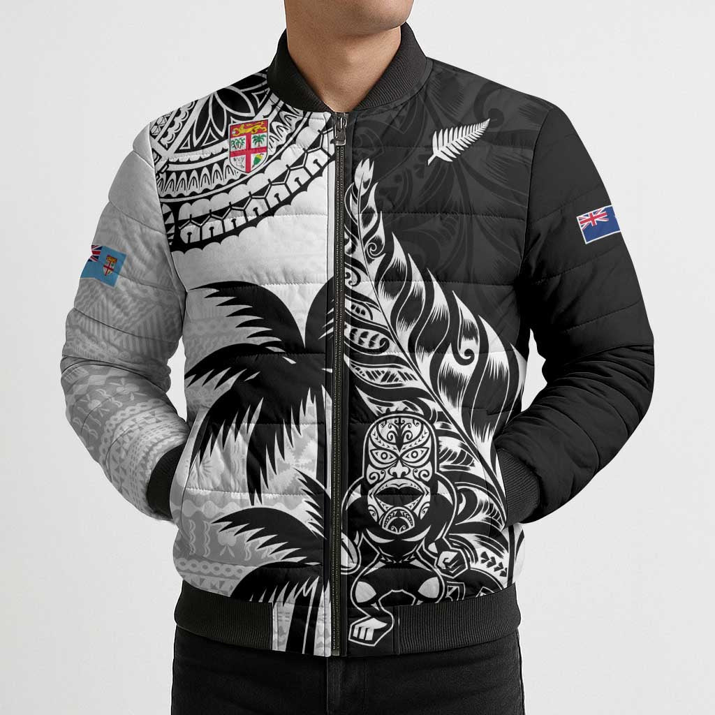 Fiji New Zealand Rugby Personalised Bomber Puffer Jacket Maori and Tapa Pattern - Polynesian Pride