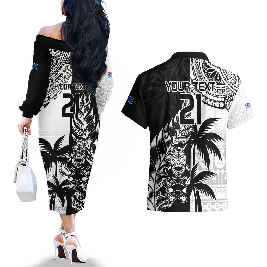 Custom Fiji New Zealand Couples Matching Off The Shoulder Long Sleeve Dress and Hawaiian Shirt Maori mix Tapa Pattern Version