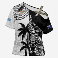Fiji New Zealand Rugby Personalised Cross Shoulder Shirt Maori and Tapa Pattern - Polynesian Pride