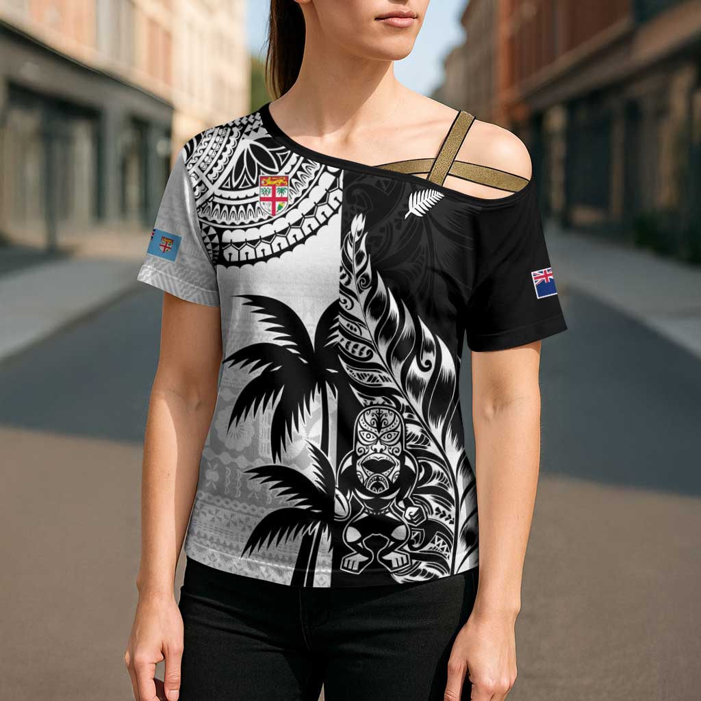 Fiji New Zealand Rugby Personalised Cross Shoulder Shirt Maori and Tapa Pattern - Polynesian Pride
