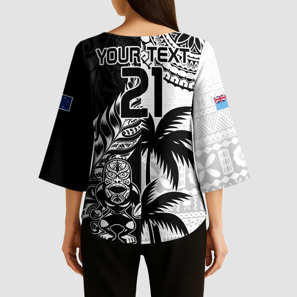 Fiji New Zealand Rugby Personalised Kimono Sleeve Blouse Maori and Tapa Pattern - Polynesian Pride