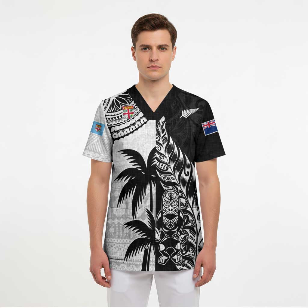 Fiji New Zealand Rugby Personalised Scrub Top Maori and Tapa Pattern - Polynesian Pride