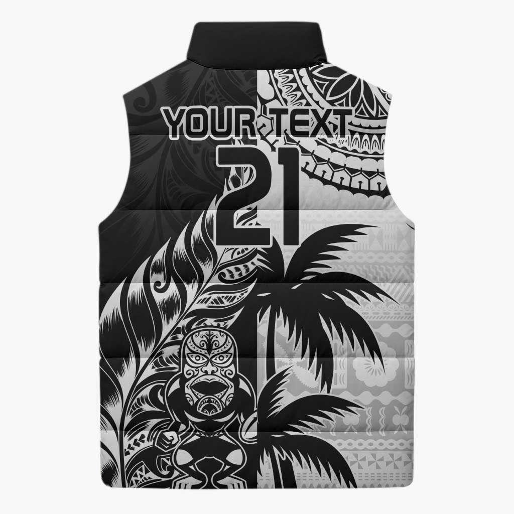 Fiji New Zealand Rugby Personalised Sleeveless Puffer Jacket Maori and Tapa Pattern - Polynesian Pride