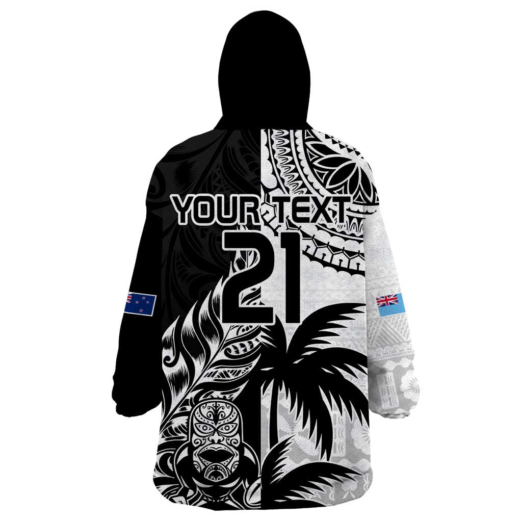 Custom Fiji New Zealand Wearable Blanket Hoodie Maori mix Tapa Pattern Version