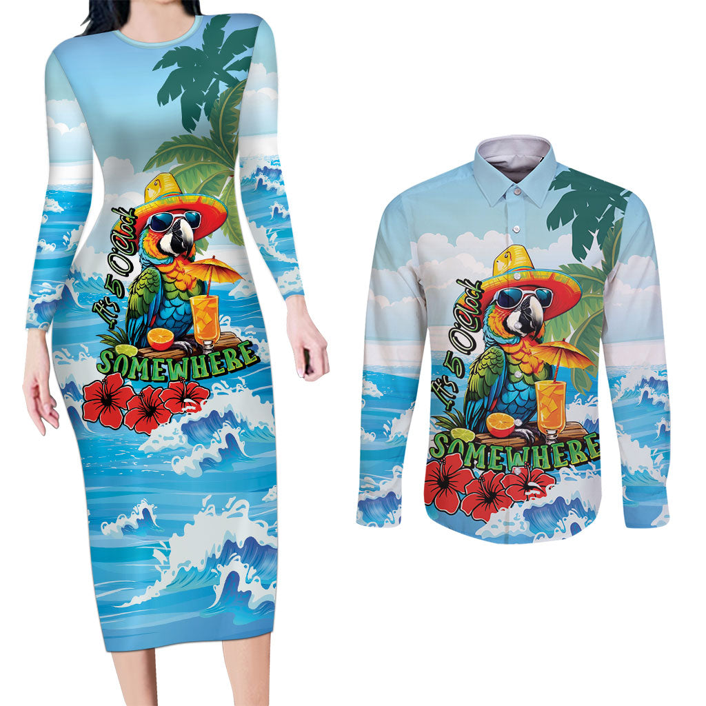 Funny Parrot Margarita Five O'clock Somewhere Couples Matching Long Sleeve Bodycon Dress and Long Sleeve Button Shirt LT9 Blue - Polynesian Pride