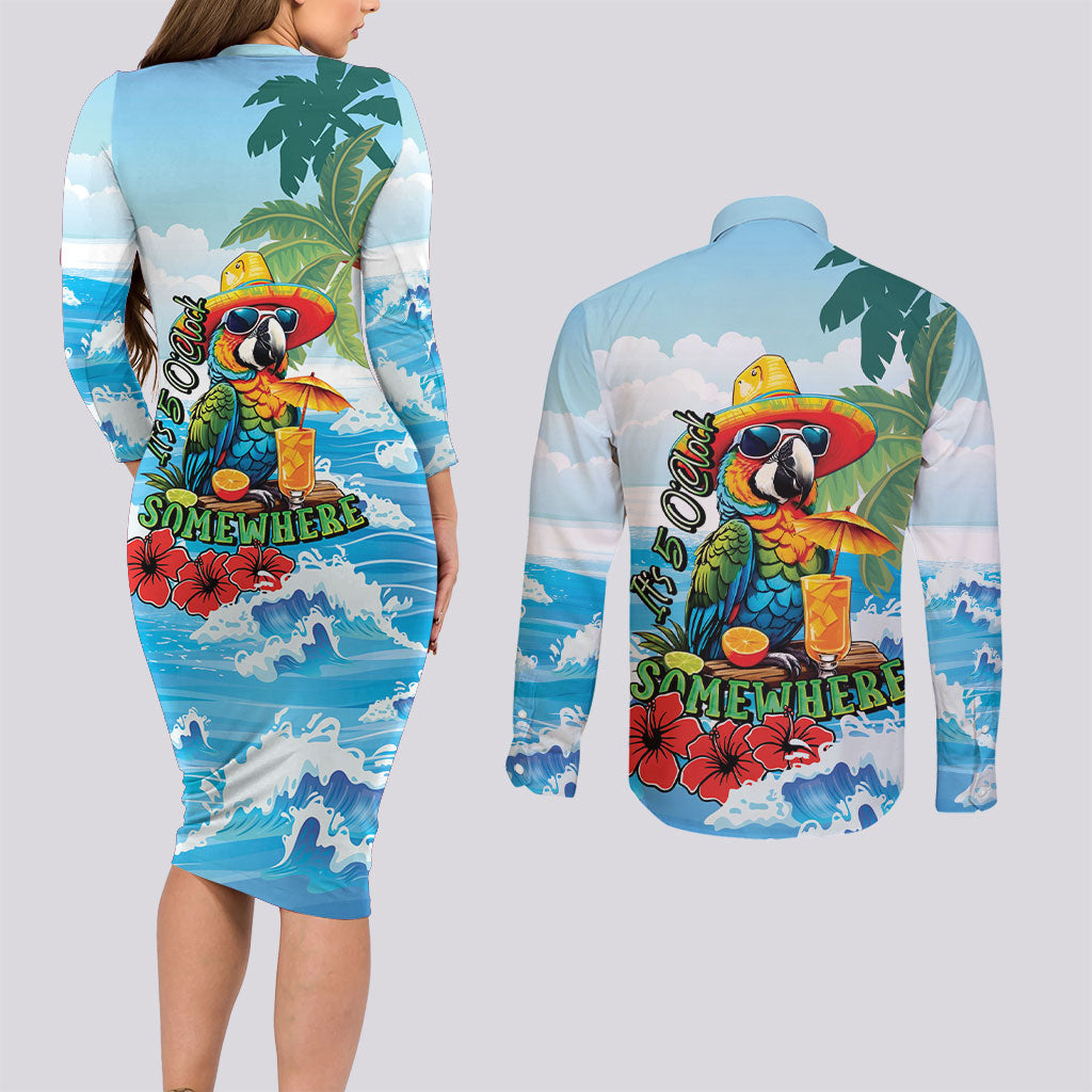 Funny Parrot Margarita Five O'clock Somewhere Couples Matching Long Sleeve Bodycon Dress and Long Sleeve Button Shirt LT9 - Polynesian Pride
