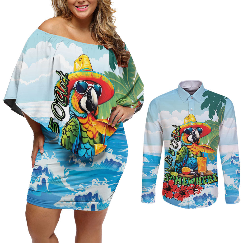Funny Parrot Margarita Five O'clock Somewhere Couples Matching Off Shoulder Short Dress and Long Sleeve Button Shirt LT9 Blue - Polynesian Pride