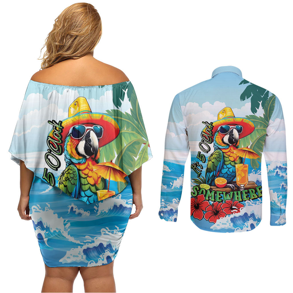 Funny Parrot Margarita Five O'clock Somewhere Couples Matching Off Shoulder Short Dress and Long Sleeve Button Shirt LT9 - Polynesian Pride