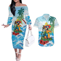 Funny Parrot Margarita Five O'clock Somewhere Couples Matching Off The Shoulder Long Sleeve Dress and Hawaiian Shirt LT9 Blue - Polynesian Pride