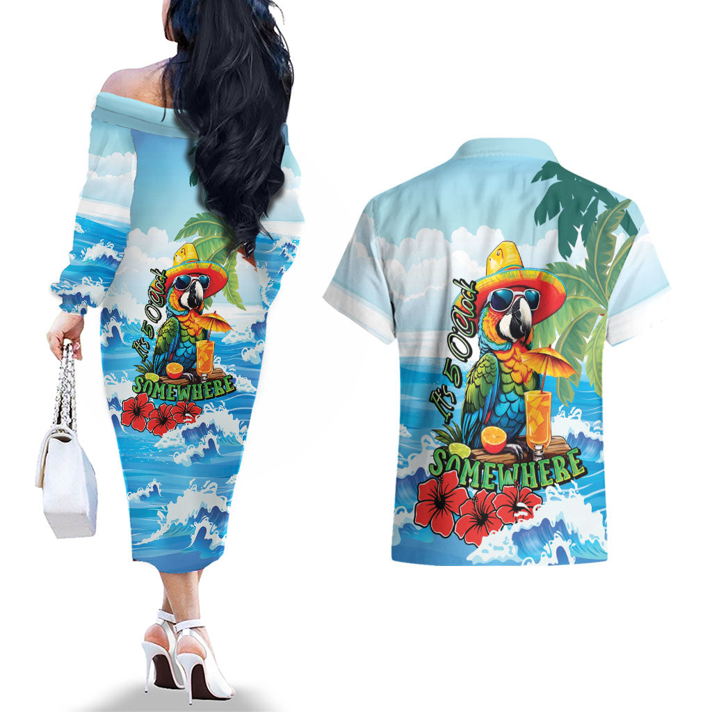 Funny Parrot Margarita Five O'clock Somewhere Couples Matching Off The Shoulder Long Sleeve Dress and Hawaiian Shirt LT9 - Polynesian Pride