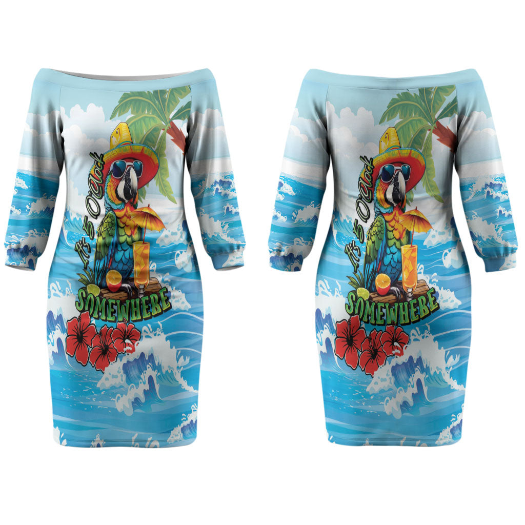Funny Parrot Margarita Five O'clock Somewhere Couples Matching Off The Shoulder Long Sleeve Dress and Hawaiian Shirt LT9 - Polynesian Pride