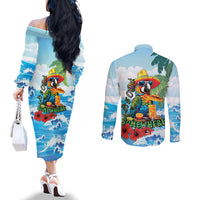 Funny Parrot Margarita Five O'clock Somewhere Couples Matching Off The Shoulder Long Sleeve Dress and Long Sleeve Button Shirt LT9 - Polynesian Pride