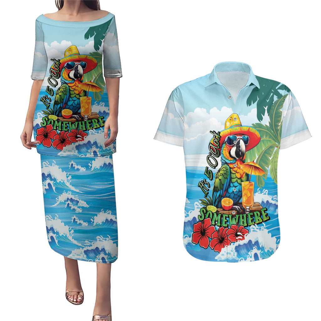 Funny Parrot Margarita Five O'clock Somewhere Couples Matching Puletasi and Hawaiian Shirt LT9 Blue - Polynesian Pride