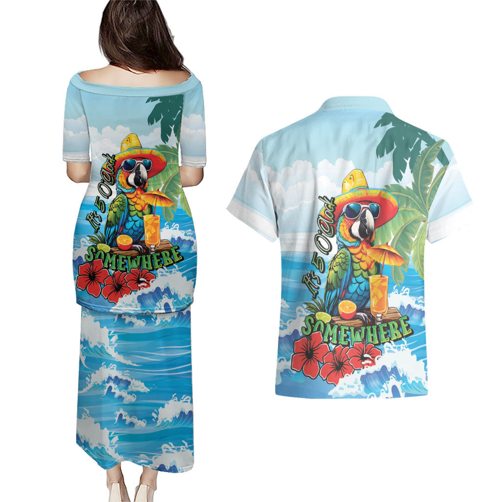 Funny Parrot Margarita Five O'clock Somewhere Couples Matching Puletasi and Hawaiian Shirt LT9 - Polynesian Pride