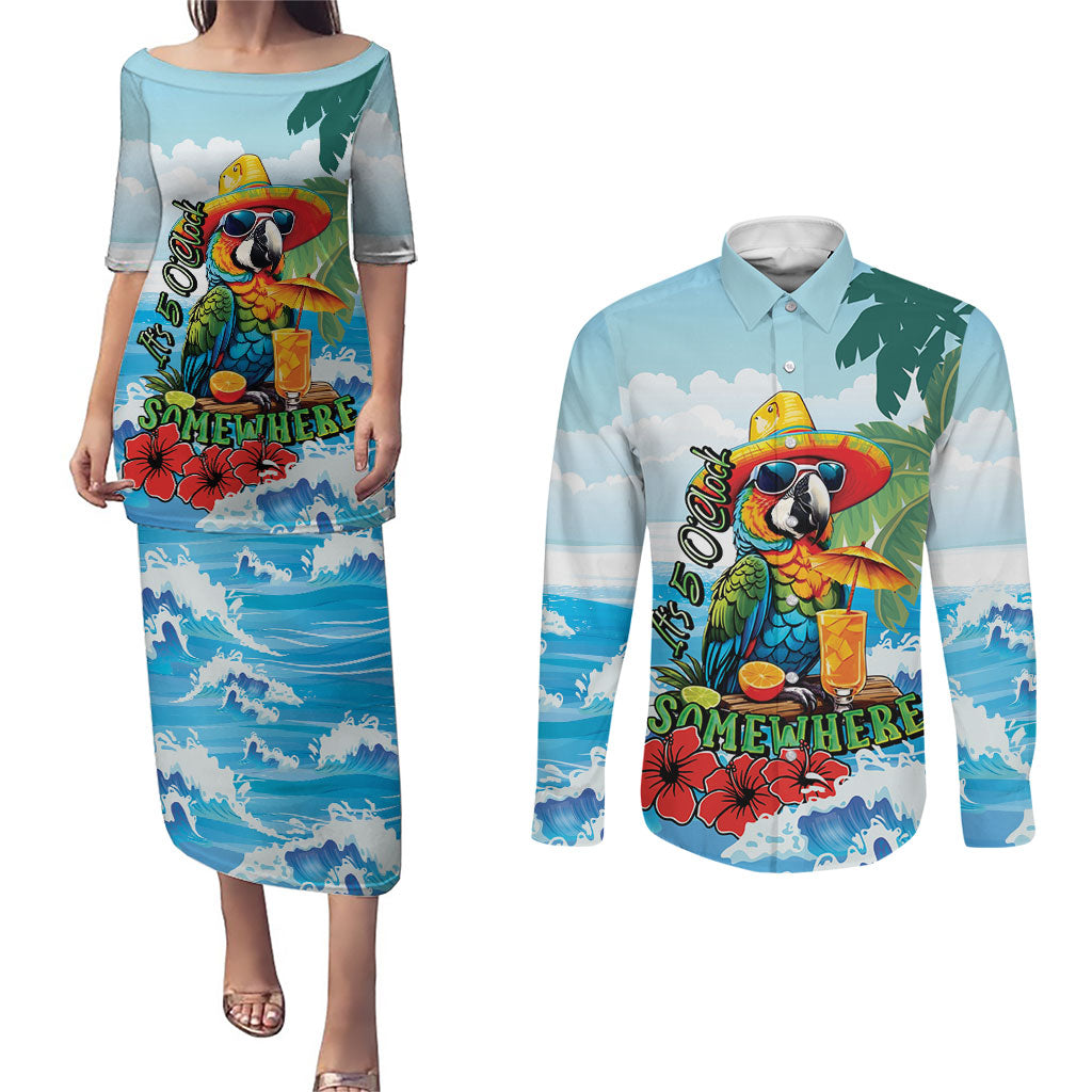 Funny Parrot Margarita Five O'clock Somewhere Couples Matching Puletasi and Long Sleeve Button Shirt LT9 Blue - Polynesian Pride