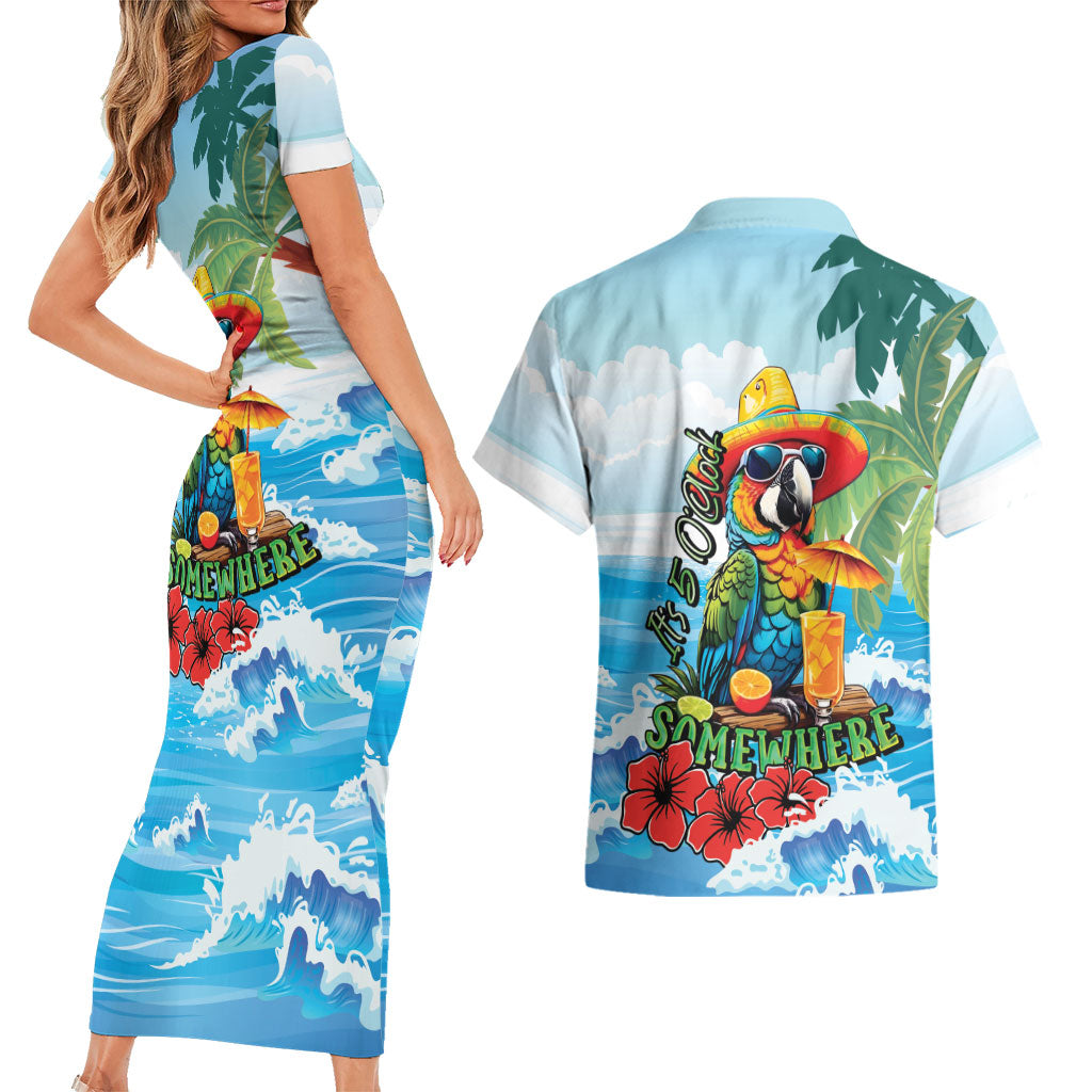 Funny Parrot Margarita Five O'clock Somewhere Couples Matching Short Sleeve Bodycon Dress and Hawaiian Shirt LT9 - Polynesian Pride