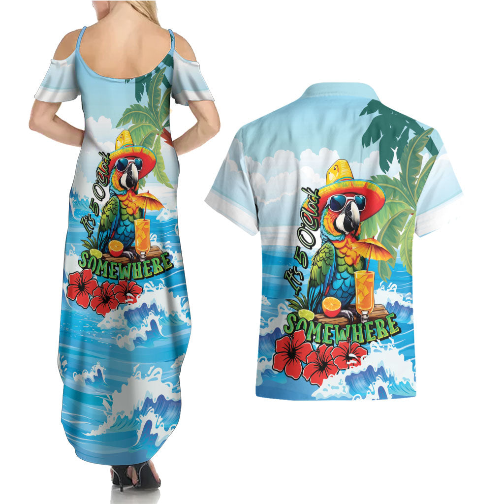 Funny Parrot Margarita Five O'clock Somewhere Couples Matching Summer Maxi Dress and Hawaiian Shirt LT9 - Polynesian Pride