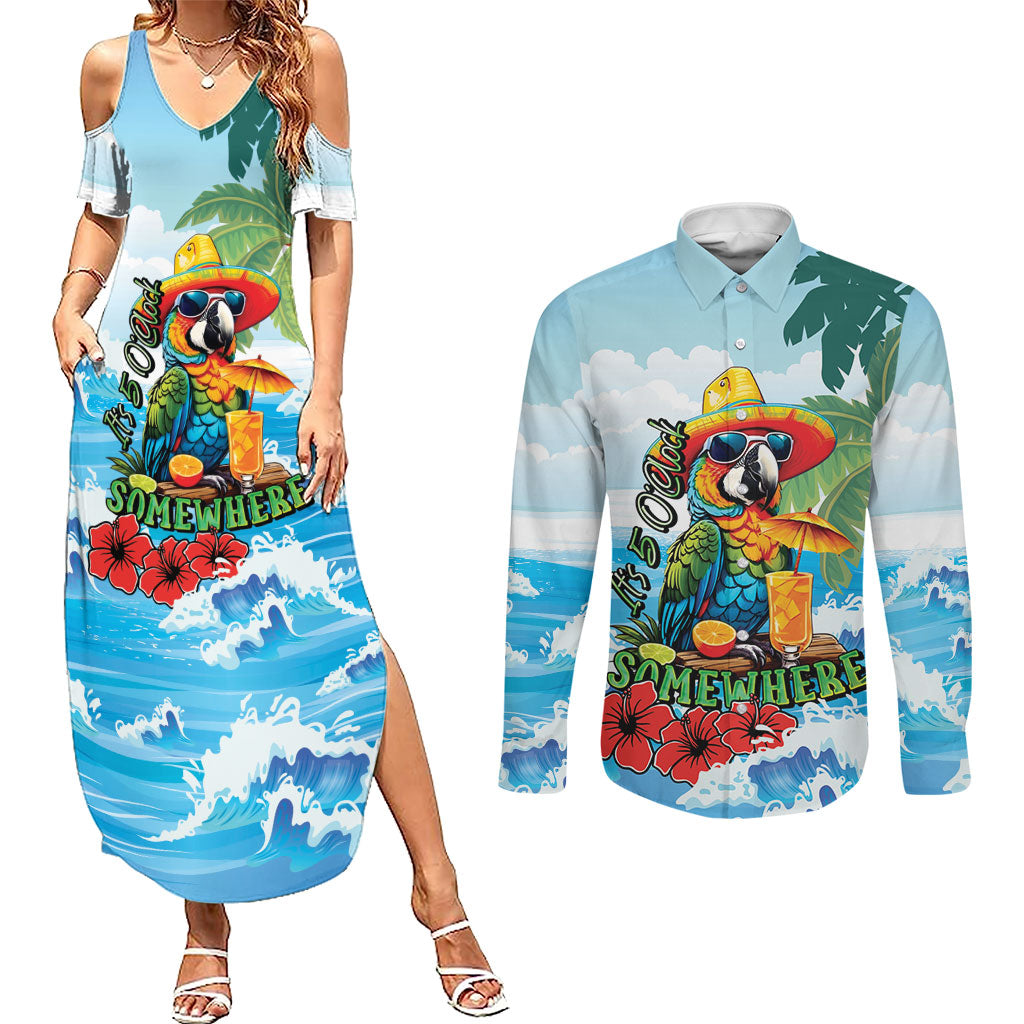 Funny Parrot Margarita Five O'clock Somewhere Couples Matching Summer Maxi Dress and Long Sleeve Button Shirt LT9 Blue - Polynesian Pride