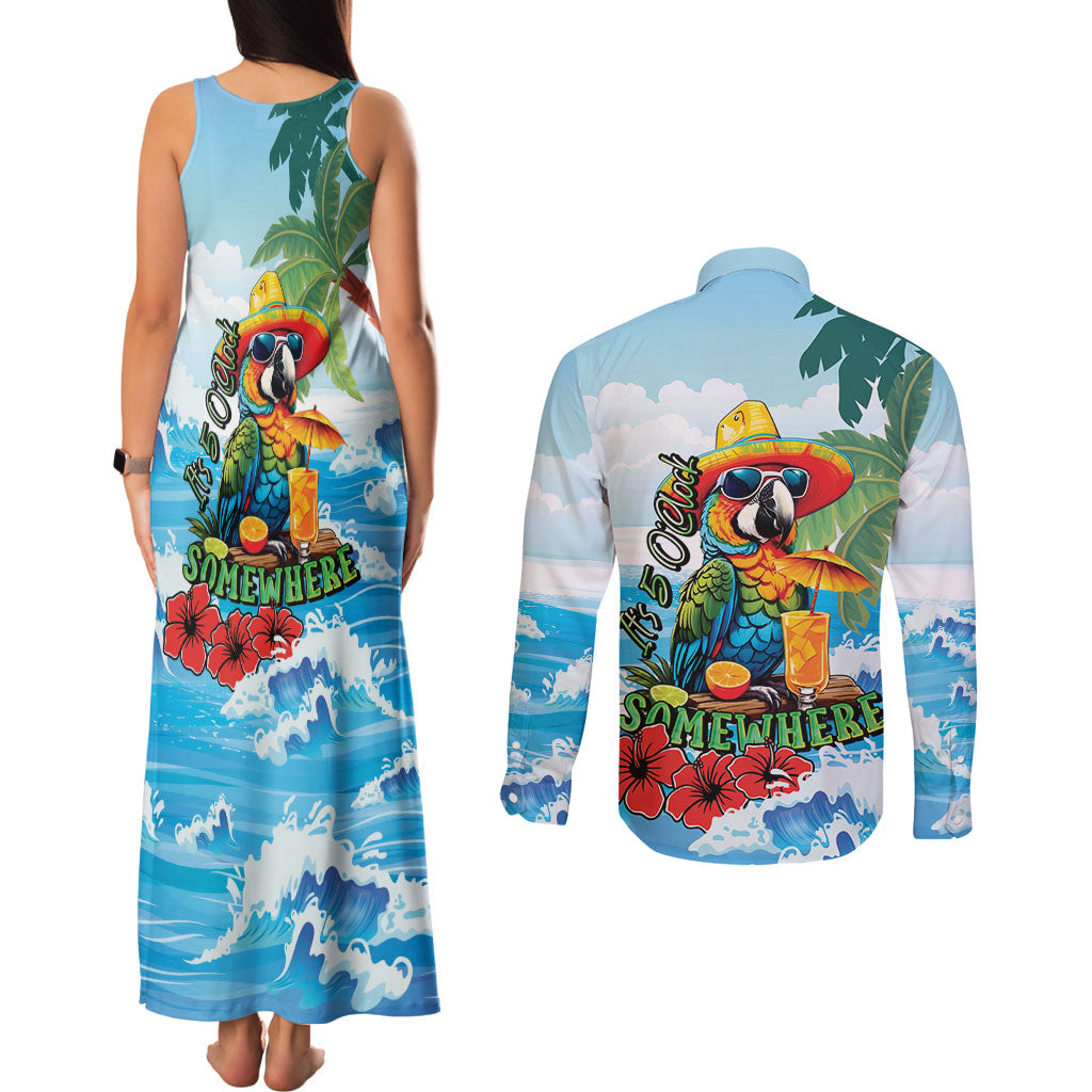 Funny Parrot Margarita Five O'clock Somewhere Couples Matching Tank Maxi Dress and Long Sleeve Button Shirt LT9 - Polynesian Pride