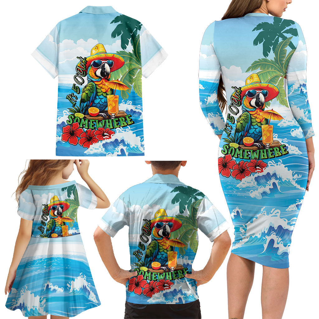 Funny Parrot Margarita Five O'clock Somewhere Family Matching Long Sleeve Bodycon Dress and Hawaiian Shirt LT9 - Polynesian Pride