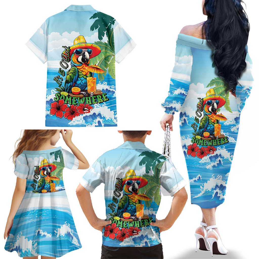 Funny Parrot Margarita Five O'clock Somewhere Family Matching Off The Shoulder Long Sleeve Dress and Hawaiian Shirt LT9 - Polynesian Pride