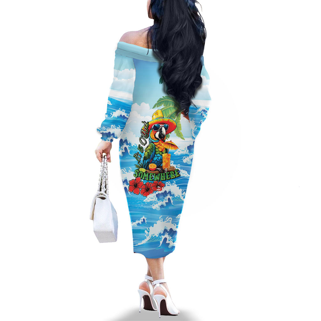 Funny Parrot Margarita Five O'clock Somewhere Family Matching Off The Shoulder Long Sleeve Dress and Hawaiian Shirt LT9 - Polynesian Pride