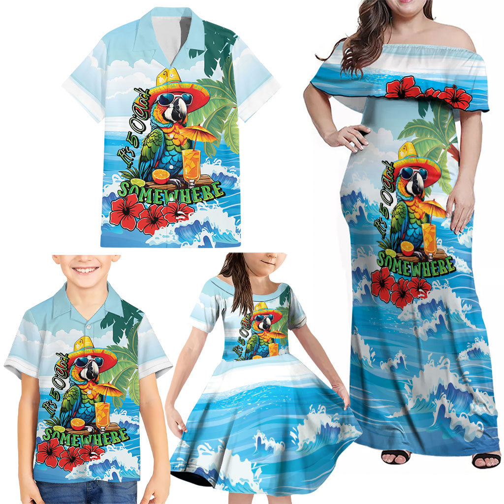 Funny Parrot Margarita Five O'clock Somewhere Family Matching Off Shoulder Maxi Dress and Hawaiian Shirt LT9 - Polynesian Pride