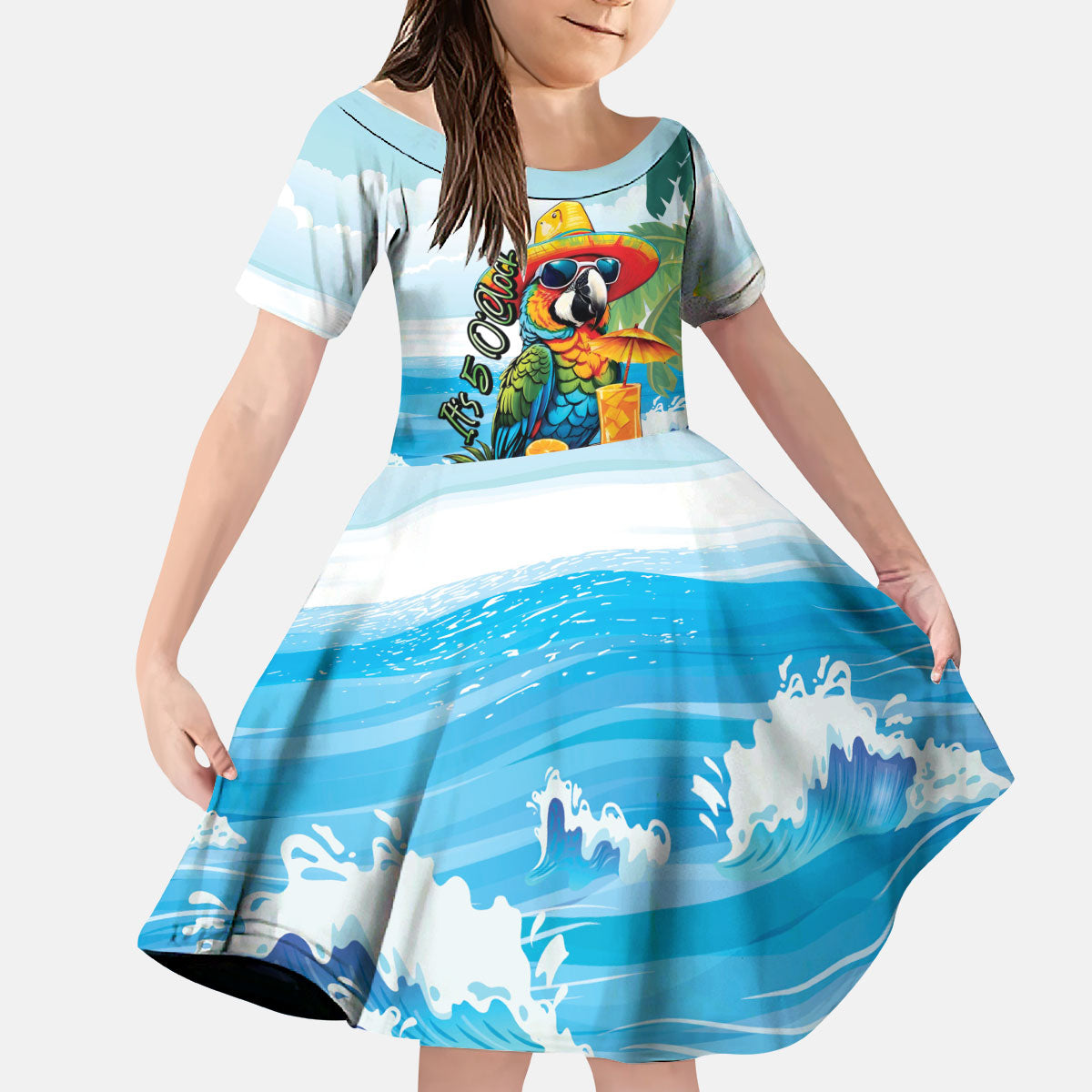 Funny Parrot Margarita Five O'clock Somewhere Kid Short Sleeve Dress LT9 KID Blue - Polynesian Pride