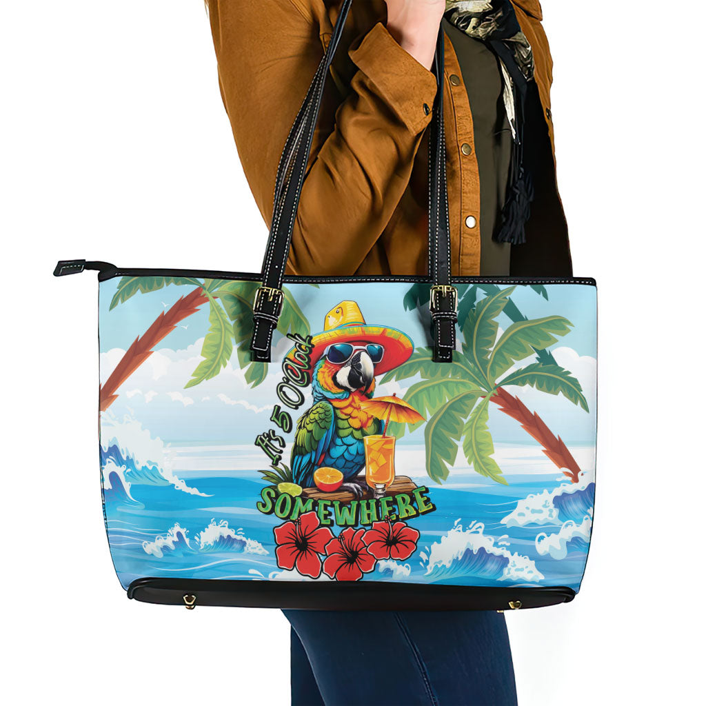 Funny Parrot Margarita Five O'clock Somewhere Leather Tote Bag LT9 - Polynesian Pride