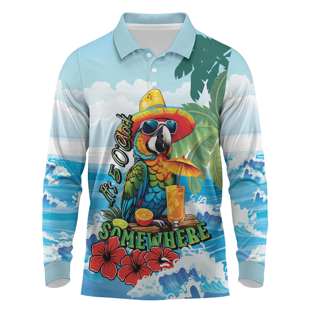Funny Parrot Margarita Five O'clock Somewhere Long Sleeve Polo Shirt LT9 Blue - Polynesian Pride