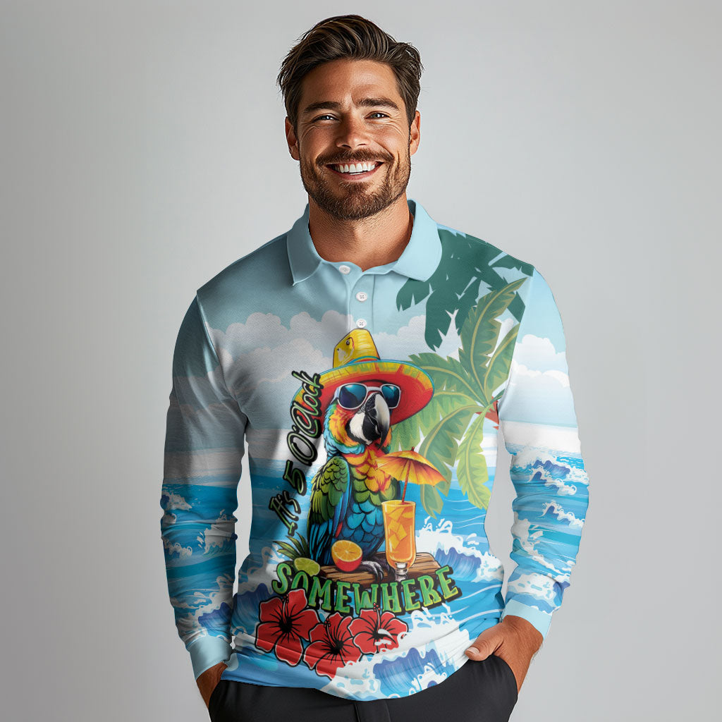 Funny Parrot Margarita Five O'clock Somewhere Long Sleeve Polo Shirt LT9 - Polynesian Pride