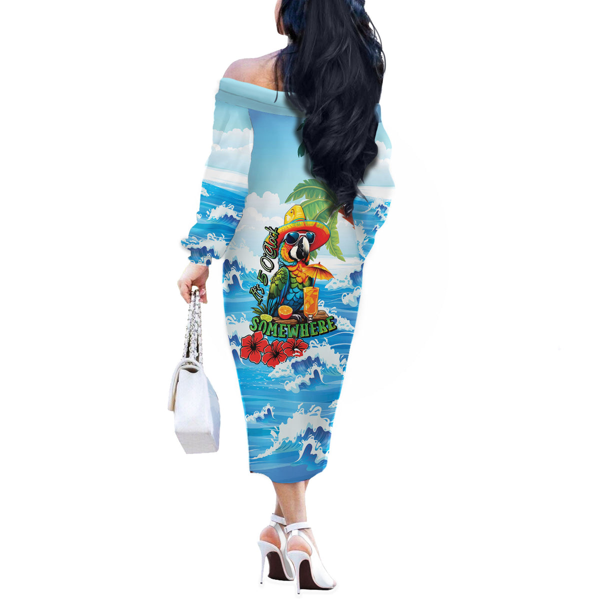 Funny Parrot Margarita Five O'clock Somewhere Off The Shoulder Long Sleeve Dress LT9 - Polynesian Pride
