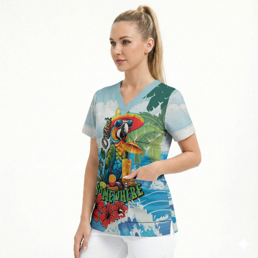 Funny Parrot Margarita Five O'clock Somewhere Scrub Top LT9 - Polynesian Pride