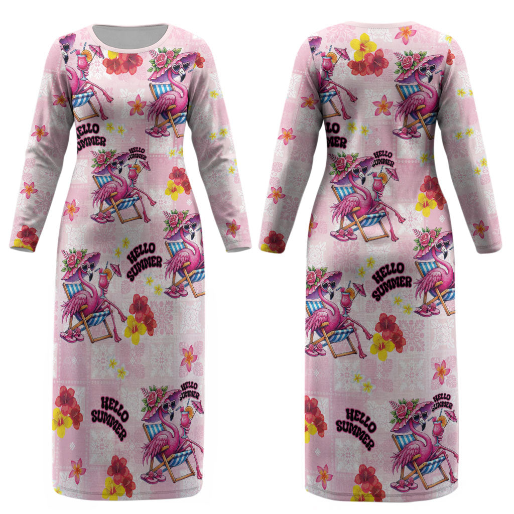 Hawaii Flamingo Hello Summer Couples Matching Long Sleeve Bodycon Dress and Hawaiian Shirt Hawaiian Quilt Pattern LT9 - Polynesian Pride
