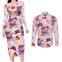 Hawaii Flamingo Hello Summer Couples Matching Long Sleeve Bodycon Dress and Long Sleeve Button Shirt Hawaiian Quilt Pattern LT9 Pink - Polynesian Pride