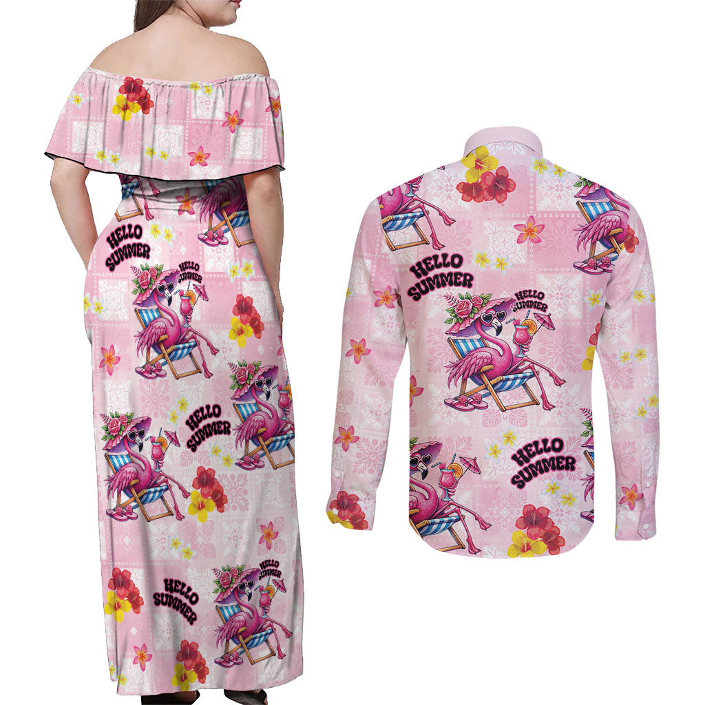 Hawaii Flamingo Hello Summer Couples Matching Off Shoulder Maxi Dress and Long Sleeve Button Shirt Hawaiian Quilt Pattern LT9 - Polynesian Pride