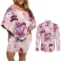 Hawaii Flamingo Hello Summer Couples Matching Off Shoulder Short Dress and Long Sleeve Button Shirt Hawaiian Quilt Pattern LT9 Pink - Polynesian Pride