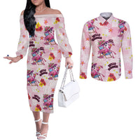 Hawaii Flamingo Hello Summer Couples Matching Off The Shoulder Long Sleeve Dress and Long Sleeve Button Shirt Hawaiian Quilt Pattern LT9 Pink - Polynesian Pride