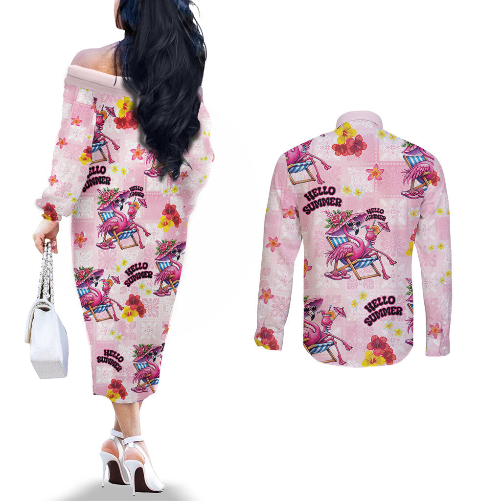 Hawaii Flamingo Hello Summer Couples Matching Off The Shoulder Long Sleeve Dress and Long Sleeve Button Shirt Hawaiian Quilt Pattern LT9 - Polynesian Pride