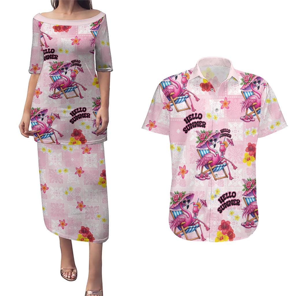 Hawaii Flamingo Hello Summer Couples Matching Puletasi and Hawaiian Shirt Hawaiian Quilt Pattern LT9 Pink - Polynesian Pride