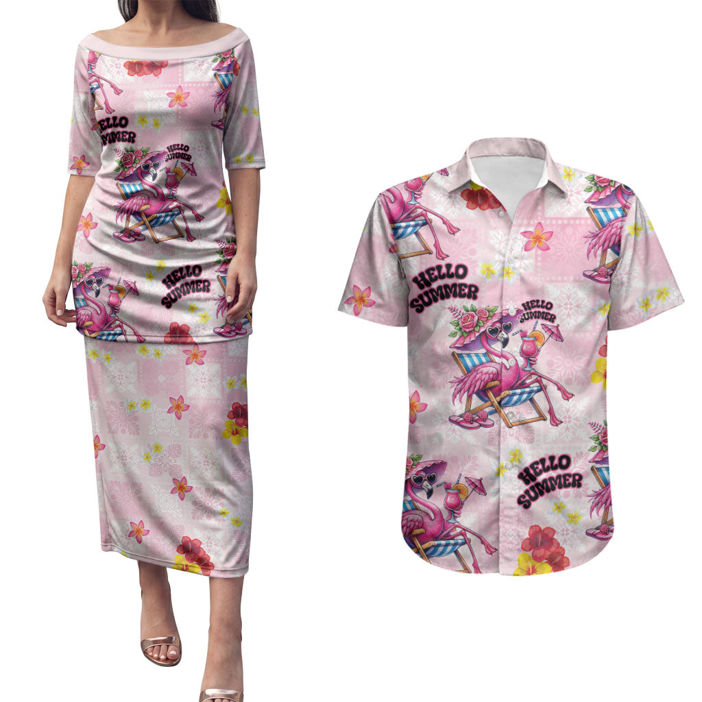 Hawaii Flamingo Hello Summer Couples Matching Puletasi and Hawaiian Shirt Hawaiian Quilt Pattern LT9 Pink - Polynesian Pride