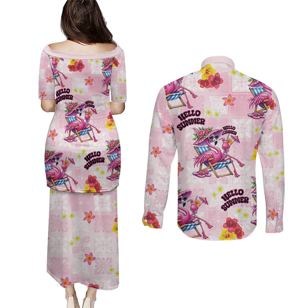 Hawaii Flamingo Hello Summer Couples Matching Puletasi and Long Sleeve Button Shirt Hawaiian Quilt Pattern LT9 - Polynesian Pride