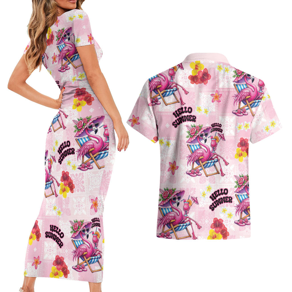 Hawaii Flamingo Hello Summer Couples Matching Short Sleeve Bodycon Dress and Hawaiian Shirt Hawaiian Quilt Pattern LT9 - Polynesian Pride