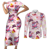 Hawaii Flamingo Hello Summer Couples Matching Short Sleeve Bodycon Dress and Long Sleeve Button Shirt Hawaiian Quilt Pattern LT9 Pink - Polynesian Pride